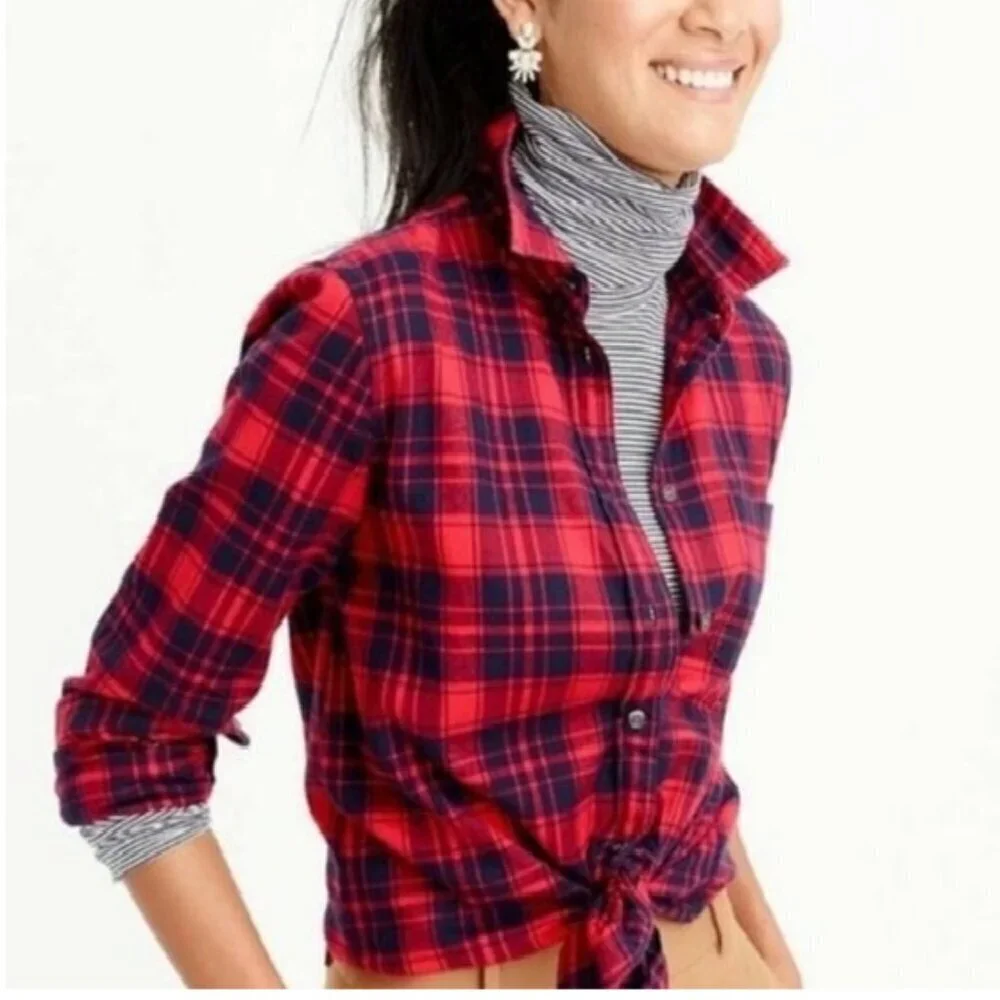 J. Crew Boy Fit Plaid Button Down Flannel Shirt Red Navy‎ Blue Size L